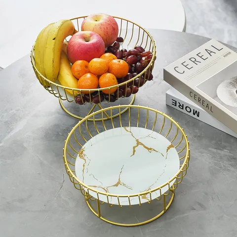 European Light Luxury Ceramic Fruit Plate Creative Living Room Fruit Basket Afternoon Tea Dessert Tray Iron Art Storage Tray