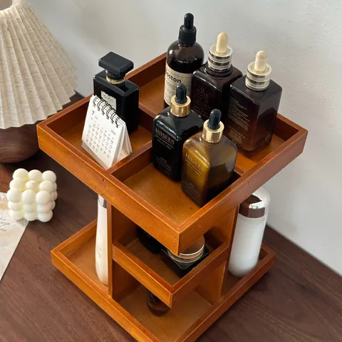 Wooden 360 Degree Rotating Cosmetic Organizer Multi Layer Desktop Skincare Storage Rack Makeup Holder Vanity Stand