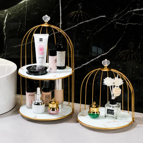 Light Luxury Iron Birdcage Cosmetics Storage Box Desktop Jewelry Lipstick Organizer Bathroom Skincare Sundries Display Rack