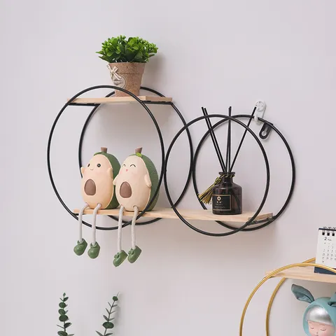 Iron And Wood Round Wall Hanging Shelf Modern Minimalist Geometric Storage Rack Living Room Bedroom Home Decor