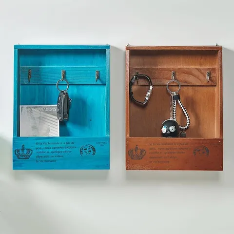 Vintage Wooden Wall Mounted Key Holder Box With Glass Door Storage Cabinet With Hooks For Entryway Home Decor