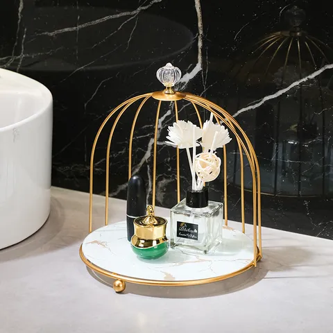 Light Luxury Iron Birdcage Cosmetics Storage Box Desktop Jewelry Lipstick Organizer Bathroom Skincare Sundries Display Rack