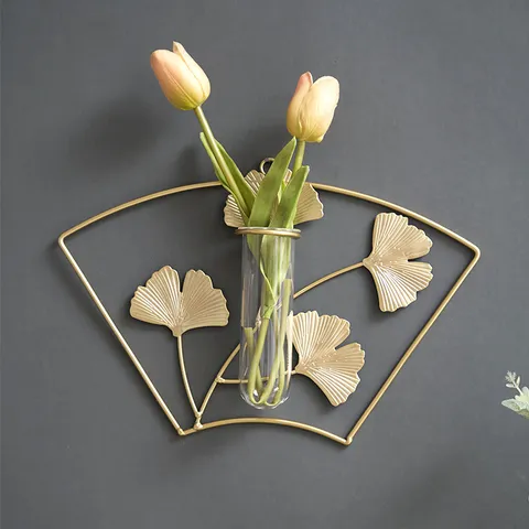 Nordic Iron Ginkgo Leaf Wall Hanging Vase Geometric Metal Flower Holder Clear Glass Test Tube Wall Art Home Decor