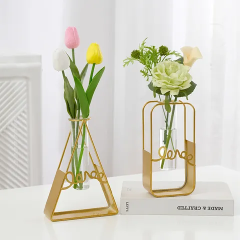 Nordic Creative Simple Hydroponic Glass Vase Iron Art Geometric Test Tube Flower Pot Living Room Tabletop Home Decor Ornament