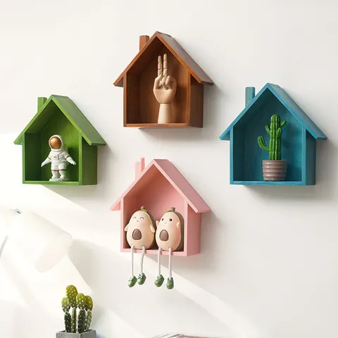 Wooden House Wall Shelf Retro Wall Hanging Storage Rack Pine Wood Display Stand For Living Room Bedroom Porch Decor