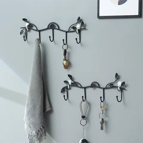 Nordic Minimalist Iron Branch Leaf Wall Mounted Coat Hook Punch Free Decorative Key Holder Multi Hook Home Storage