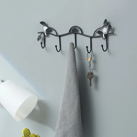 Nordic Minimalist Iron Branch Leaf Wall Mounted Coat Hook Punch Free Decorative Key Holder Multi Hook Home Storage