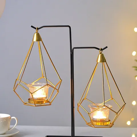 Nordic Style Metal Iron Geometric Candle Holder With Glass Cup Romantic Table Centerpiece Home Decor Candlestick Ornament