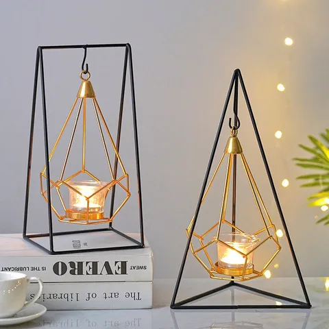 Nordic Style Metal Iron Geometric Candle Holder With Glass Cup Romantic Table Centerpiece Home Decor Candlestick Ornament