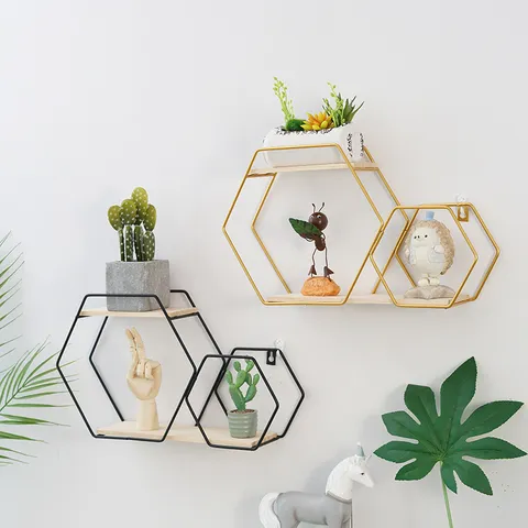 Nordic Minimalist Iron Wall Shelf Geometric Double Hexagon Hanging Storage Rack Living Room Bedroom Metal Display Stand