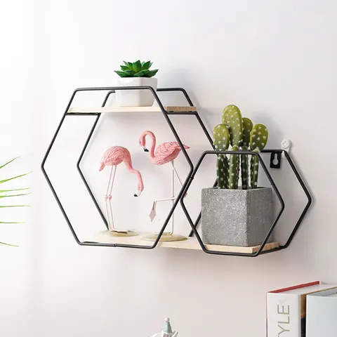 Nordic Minimalist Iron Wall Shelf Geometric Double Hexagon Hanging Storage Rack Living Room Bedroom Metal Display Stand