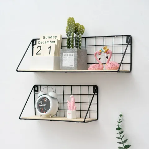 Punch Free Wall Mounted Storage Rack Iron Mesh And Wood Board Floating Shelf Bedroom Kitchen Wall Hanging Organizer