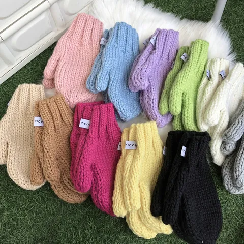 Korean Style Winter Warm Chunky Knit Gloves Polyester Soft Cute Full Finger Mittens With Neck Lanyard For Women Students
