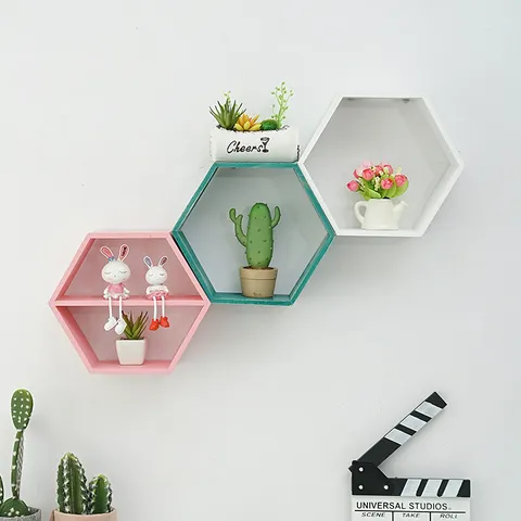 Wooden Hexagon Wall Shelf Floating Storage Rack Geometric Hanging Shelves For Living Room Bedroom Home Decor