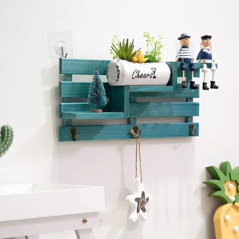 Creative Wooden Wall Mounted Storage Shelf Staircase Hanging Hook Key Holder Home Decor Wall Organizer Rack