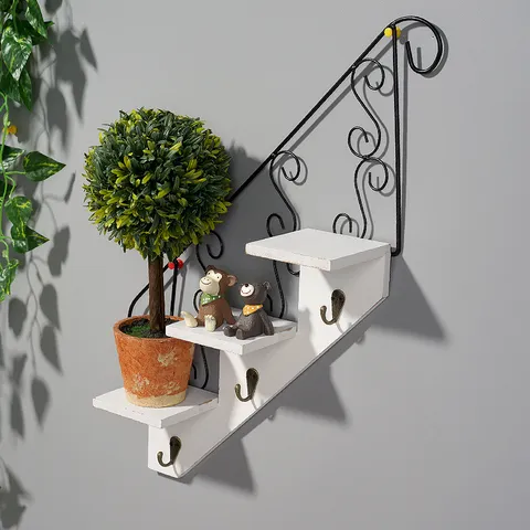 American Retro Iron Wall Hanging Staircase Plant Stand Decorative Shelf With Hooks For Living Room Home Decor