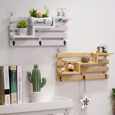Creative Wooden Wall Mounted Storage Shelf Staircase Hanging Hook Key Holder Home Decor Wall Organizer Rack