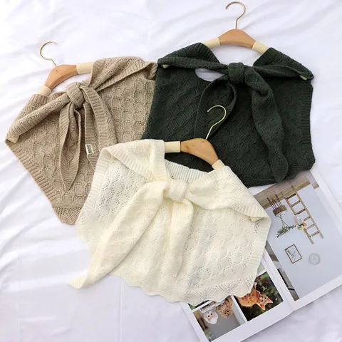 Moda Mujer Tejado Chal Cuello Falso Calado Patrón de Cola de Pez Cálido Bufanda de Punto Nudo para Atar Capa Desmontable Calentador de Cuello Envoltura de Hombro Accesorios Oficina