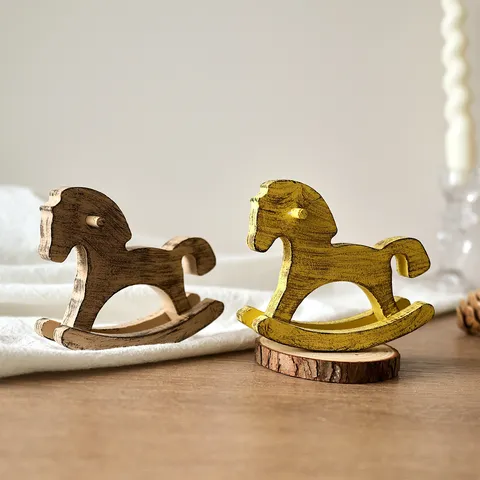 Retro Nordic Style Wooden Rocking Horse Ornament Pine Wood Animal Figurine Desktop Decoration For Kids Home Office