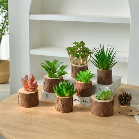 Creative Wooden Bark Log Succulent Flower Pot Ornament Artificial Plant Nordic Style Home Office Desktop Decor Craft