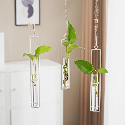 Nordischer Stil Wandbehang Hydroponischer Glasvase Eisenrahmen Transparente Pflanze Blumenpfeife Heimdekoration Wohnzimmer Dekoration