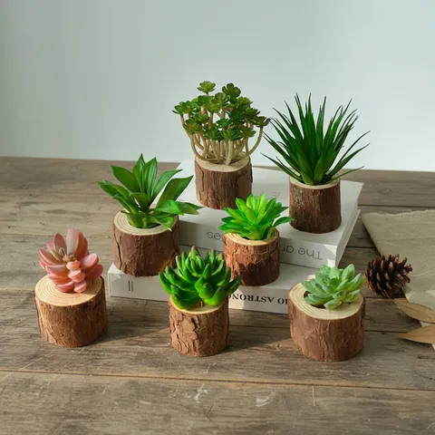 Creative Wooden Bark Log Succulent Flower Pot Ornament Artificial Plant Nordic Style Home Office Desktop Decor Craft