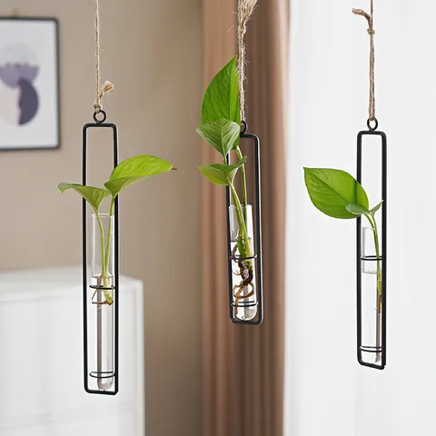Nordischer Stil Wandbehang Hydroponischer Glasvase Eisenrahmen Transparente Pflanze Blumenpfeife Heimdekoration Wohnzimmer Dekoration