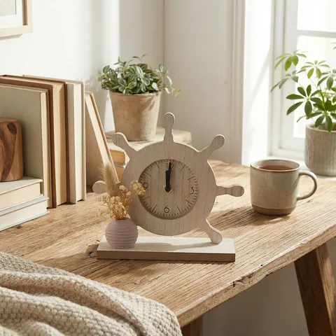 Handmade Creative Wooden Ship Wheel Desk Clock Nordic Style Desktop Ornament For Living Room Home Office Decor