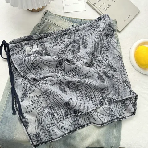 French Vintage Layered Skirt Curtain For Women Elegant Floral Embroidery Mesh Lace Tie-Up High Waist Decorative Half Skirt