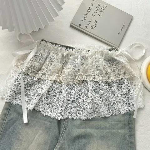 Women Fashion Double Layer Lace Hollow Out Skirt Layering Hip Curtain Korean Style Cashew Flower Elastic Waist Half Skirt