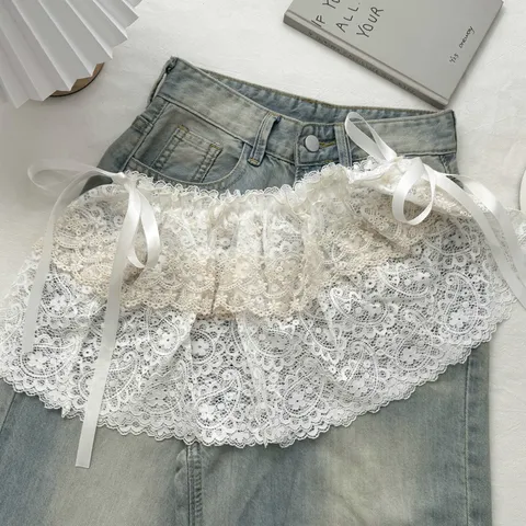 Women Fashion Double Layer Lace Hollow Out Skirt Layering Hip Curtain Korean Style Cashew Flower Elastic Waist Half Skirt