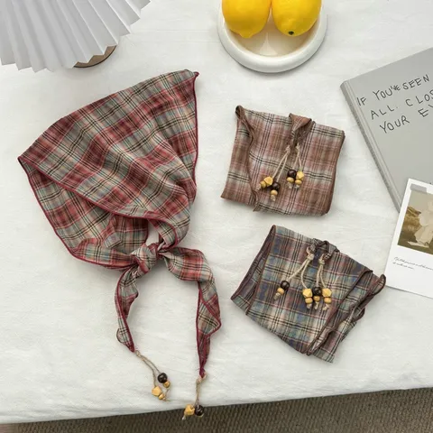 Korean Style Retro Plaid Triangle Scarf For Women Thin Breathable Neck Scarf With Wood Bead Tassel Pastoral Bandana Headscarf Waist Wrap Scarf