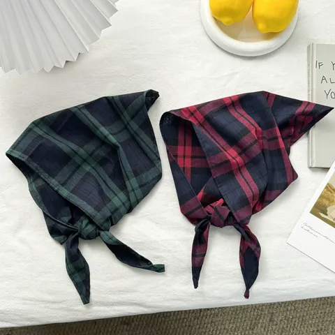 Pastoral Vintage Plaid Triangle Scarf For Women Polyester Korean Style Neckerchief All-Match Headscarf Hair Scarf Wrap Accessories