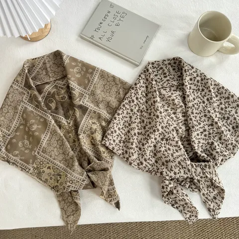 Korean Style Polyester Printed Triangular Scarf For Women Vintage Paisley Floral Layering Skirt Accessory Decorative Belt Sash