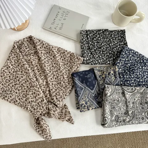 Korean Style Polyester Printed Triangular Scarf For Women Vintage Paisley Floral Layering Skirt Accessory Decorative Belt Sash