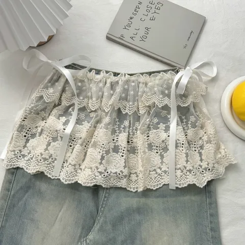 Dames Mode Kant Opengewerkte Rok Extender Veelzijdige Elastische Taille Rok Gordijn Beige Koreaanse Stijl Strik Lagen Minirok