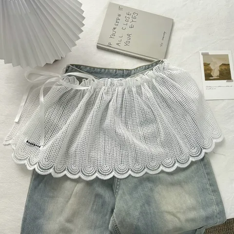 Koreaanse Stijl Balletcore Wit Bloemen Kantafwerking Strik Mesh Gelaagde Mini-rok Schortrok Voor Vrouwen Mode Veelzijdige