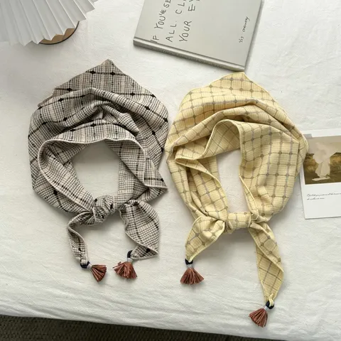 Korean Ins Style Plaid Triangle Scarf With Tassels Lightweight Versatile Decorative Headband Hair Band Neck Scarf For Women