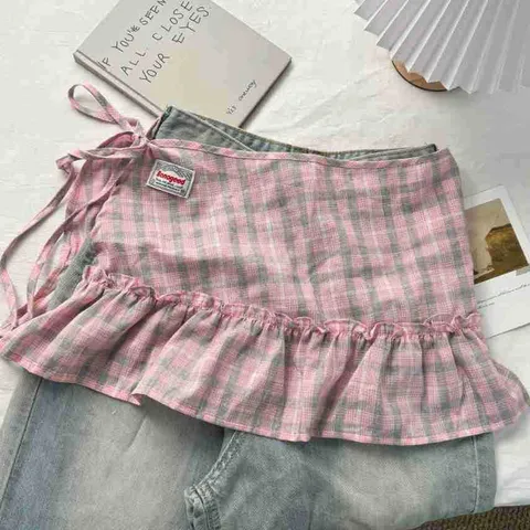 Women Plaid Ruffle Tiered Skirt Curtain High Waist A-Line Layering Skirt Wrap Preppy Style Cotton Color Block Bottom Wrap