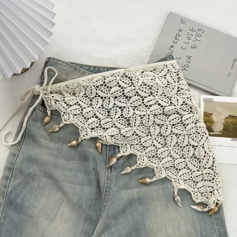 Ethno Spitze Dreieckstuch Mit Quasten Und Muschelperlen Bohemian Häkel Hüftschal Stirnband Für Damen Frühling Herbst Lagenlook Accessoire
