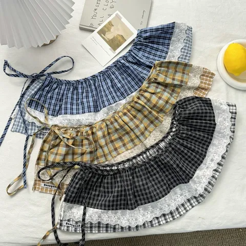French Vintage Plaid Cotton Shirt Extender For Women Double Layer Patchwork Mini A Line Layering Skirt With Lace Trim
