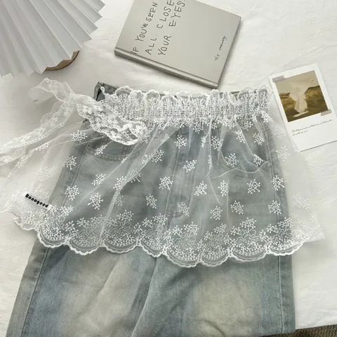 Damen Weiße Spitze Rüschenrock Durchsichtige Blumen Bestickt Schichtung Unterteil Trendiger Tortenrock Für Frühling Sommer Mode