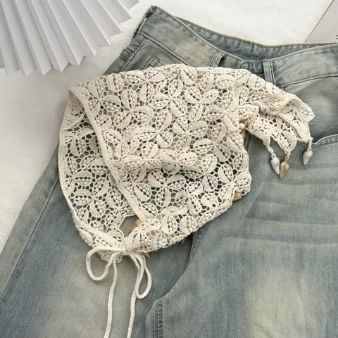 Ethno Spitze Dreieckstuch Mit Quasten Und Muschelperlen Bohemian Häkel Hüftschal Stirnband Für Damen Frühling Herbst Lagenlook Accessoire