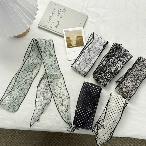 Pañuelo Largo Estrecho Estilo Francés para Mujer Estampado de Leopardo Lunares Corbata de Poliéster Satén Diadema Accesorio Bolso