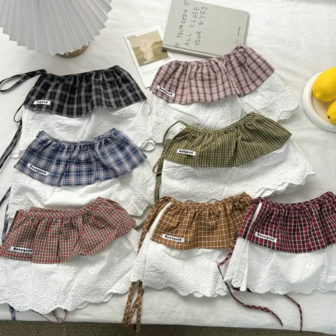 Pastoral Cotton Plaid Ruffle Half Skirt For Women Layering Fake Skirt Hem With Lace Trim Drawstring Tie Waist For Pants Décor