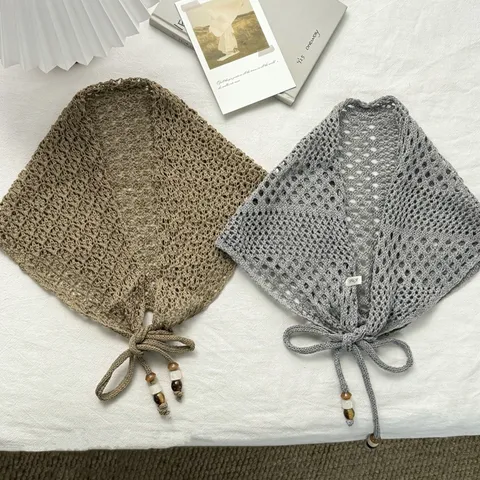 Pañuelo Triangular de Punto Calado para Mujer Falda Cortina de Color Sólido Con Cuentas de Madera y Borlas para Mujer