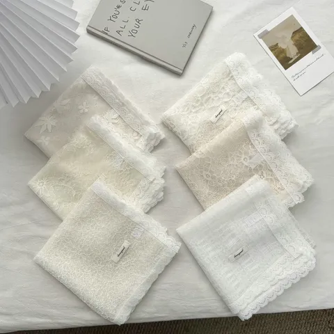 French Style Lace Hollow Out Square Scarf For Women Elegant Floral Pattern Head Scarf Decorative Hair Scarf Beige White Wrap