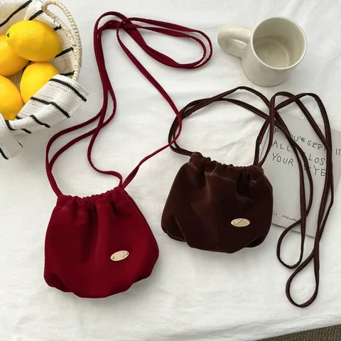 Retro Franse Stijl Fluweel Emmer Tas Voor Vrouwen Mode Trekkoord Schouder Crossbody Tas Bourgondië Bruin Blauw Kleine Telefoon Tas
