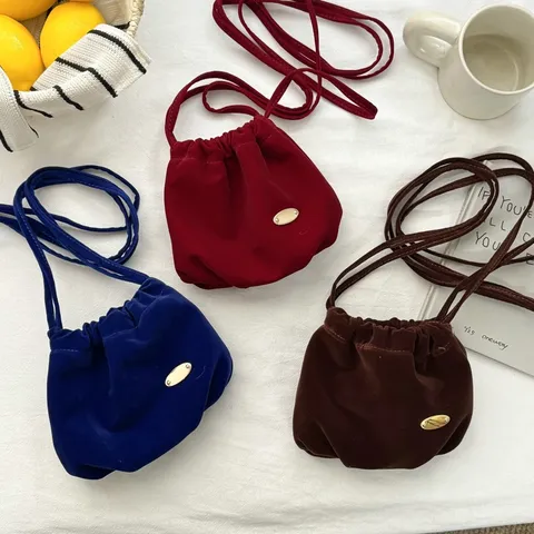 Retro Franse Stijl Fluweel Emmer Tas Voor Vrouwen Mode Trekkoord Schouder Crossbody Tas Bourgondië Bruin Blauw Kleine Telefoon Tas