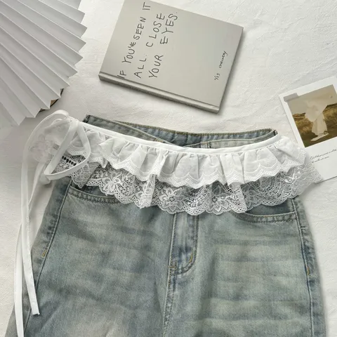 Women's Fashion White Lace Skirt Extender Layering Mini Skirt Hem Cotton Ruffle Drawstring Accessory For Jeans Leggings Casual Versatile